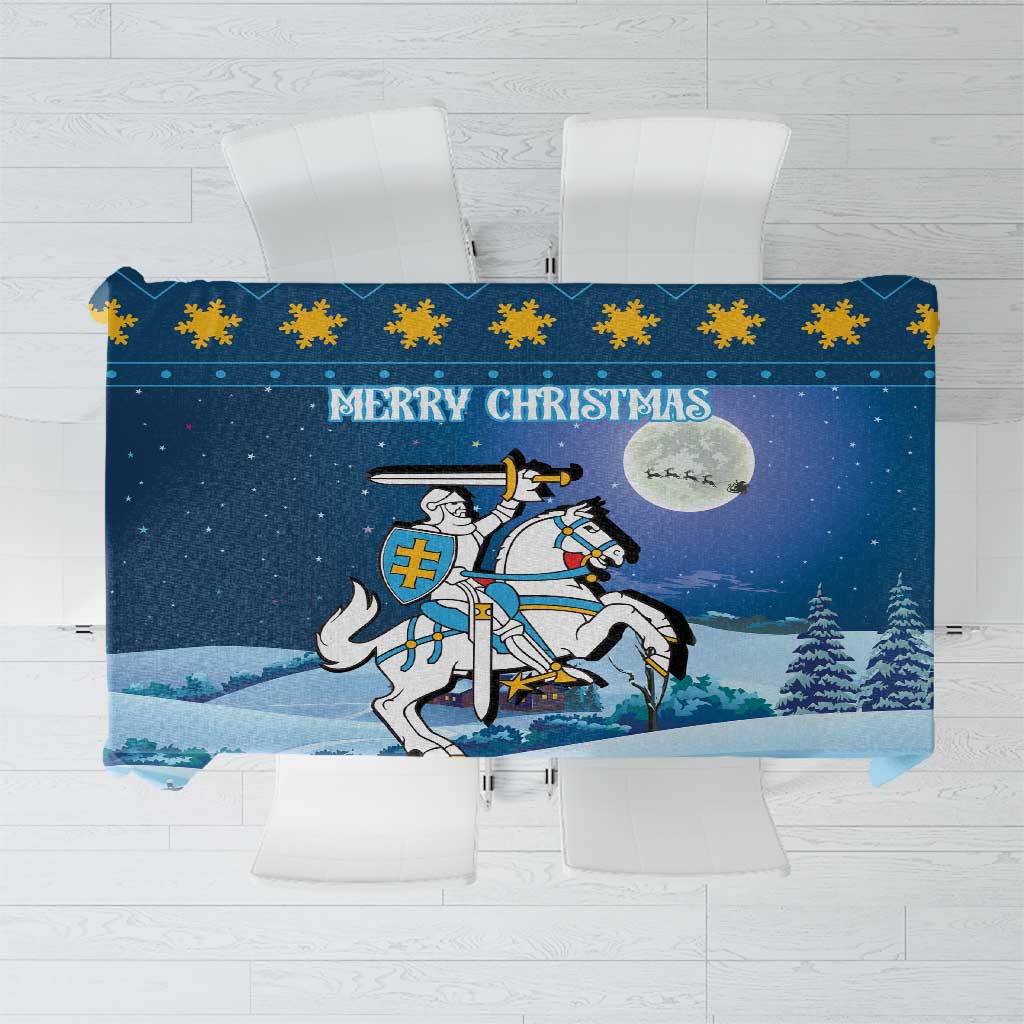 Blue holiday tablecloth with Merry Christmas text and knight-on-horseback design
