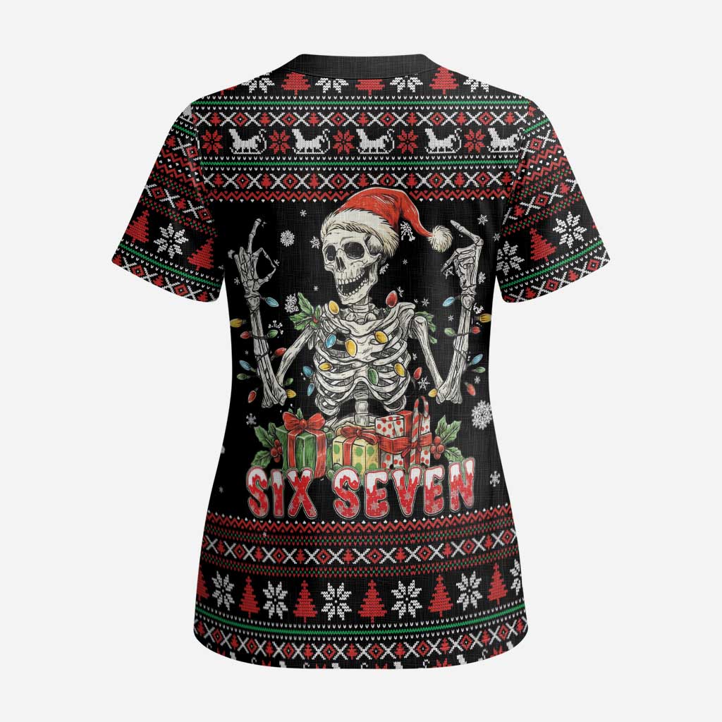Six Seven Santa Skeleton Scrub Top Funny Christmas Skull - Wonder Print Shop