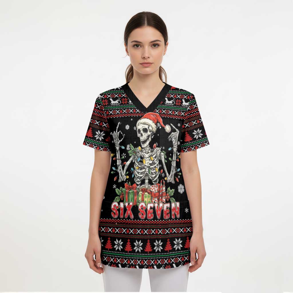 Six Seven Santa Skeleton Scrub Top Funny Christmas Skull - Wonder Print Shop