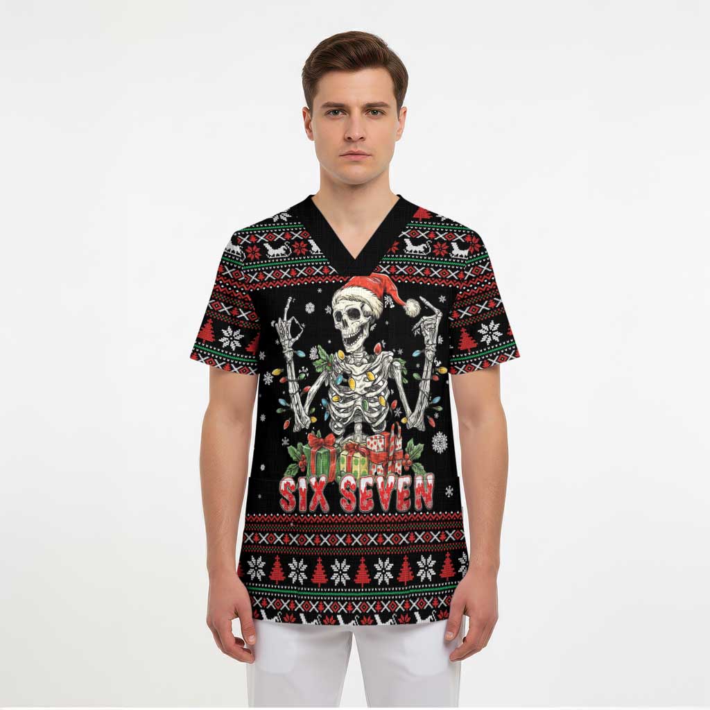 Six Seven Santa Skeleton Scrub Top Funny Christmas Skull - Wonder Print Shop