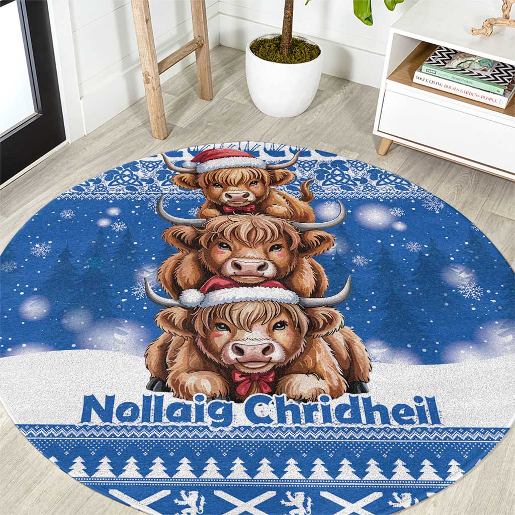 Scotland Highland Cow Christmas Round Carpet Nollaig Chridheil Blue Winter - Wonder Print Shop