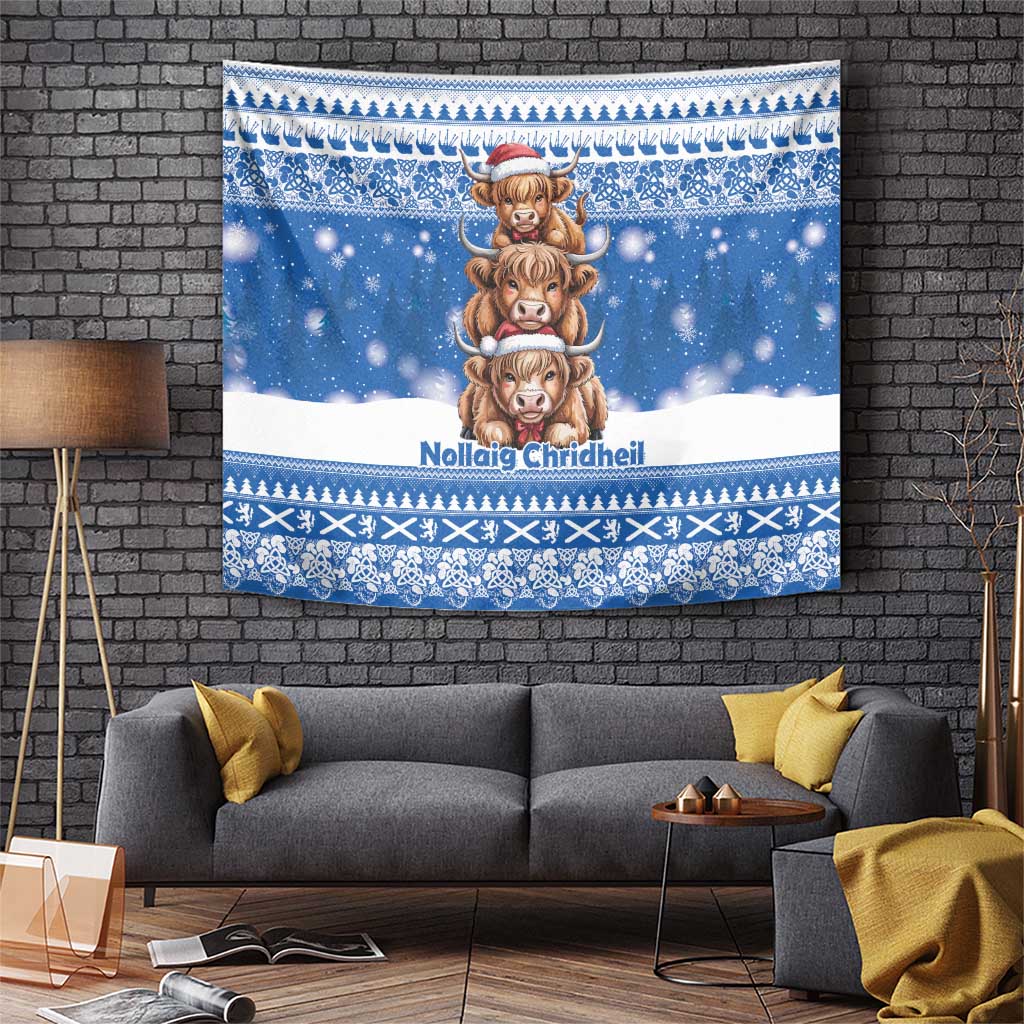 Scotland Highland Cow Christmas Tapestry Nollaig Chridheil Blue Winter - Wonder Print Shop