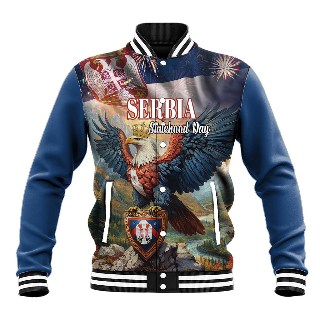 Blue baseball jacket with eagle and Serbia graphics, snap front, striped ribbed collar
