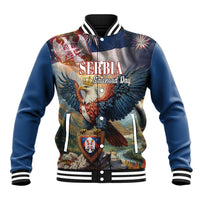Blue baseball jacket with eagle and Serbia graphics, snap front, striped ribbed collar