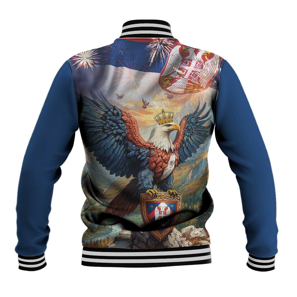 Blue baseball jacket, back view with large eagle and fireworks graphic, striped ribbed cuffs