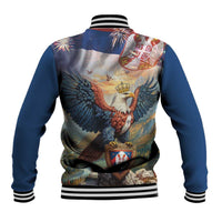 Blue baseball jacket, back view with large eagle and fireworks graphic, striped ribbed cuffs