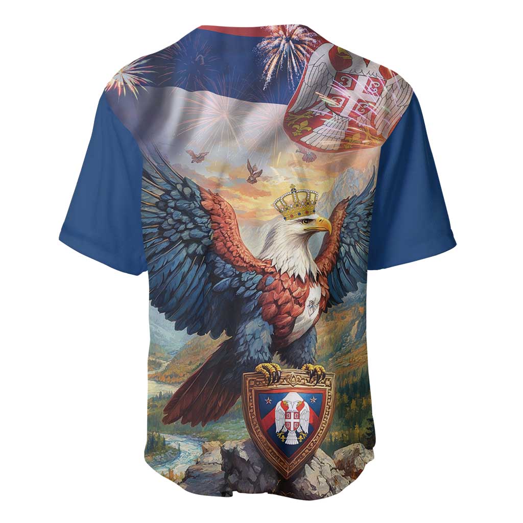 Blue baseball jersey back view with eagle, crown, shield crest, and fireworks graphics