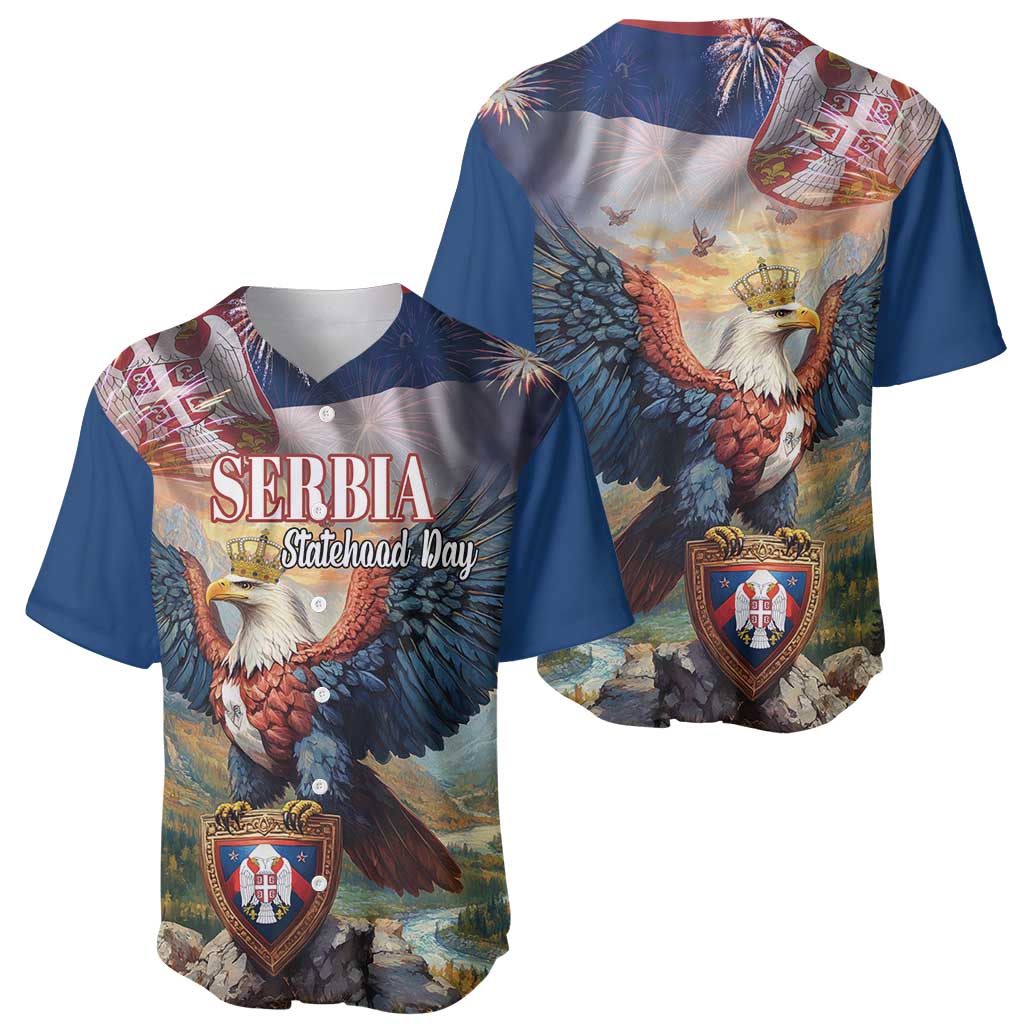 Pair of blue baseball jerseys with eagle-and-shield front artwork and crest emblem