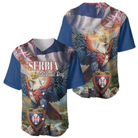Pair of blue baseball jerseys with eagle-and-shield front artwork and crest emblem