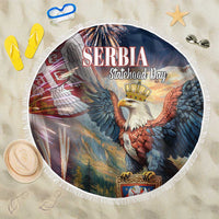 Round beach blanket with fringe, Serbia eagle and Statehood Day graphic