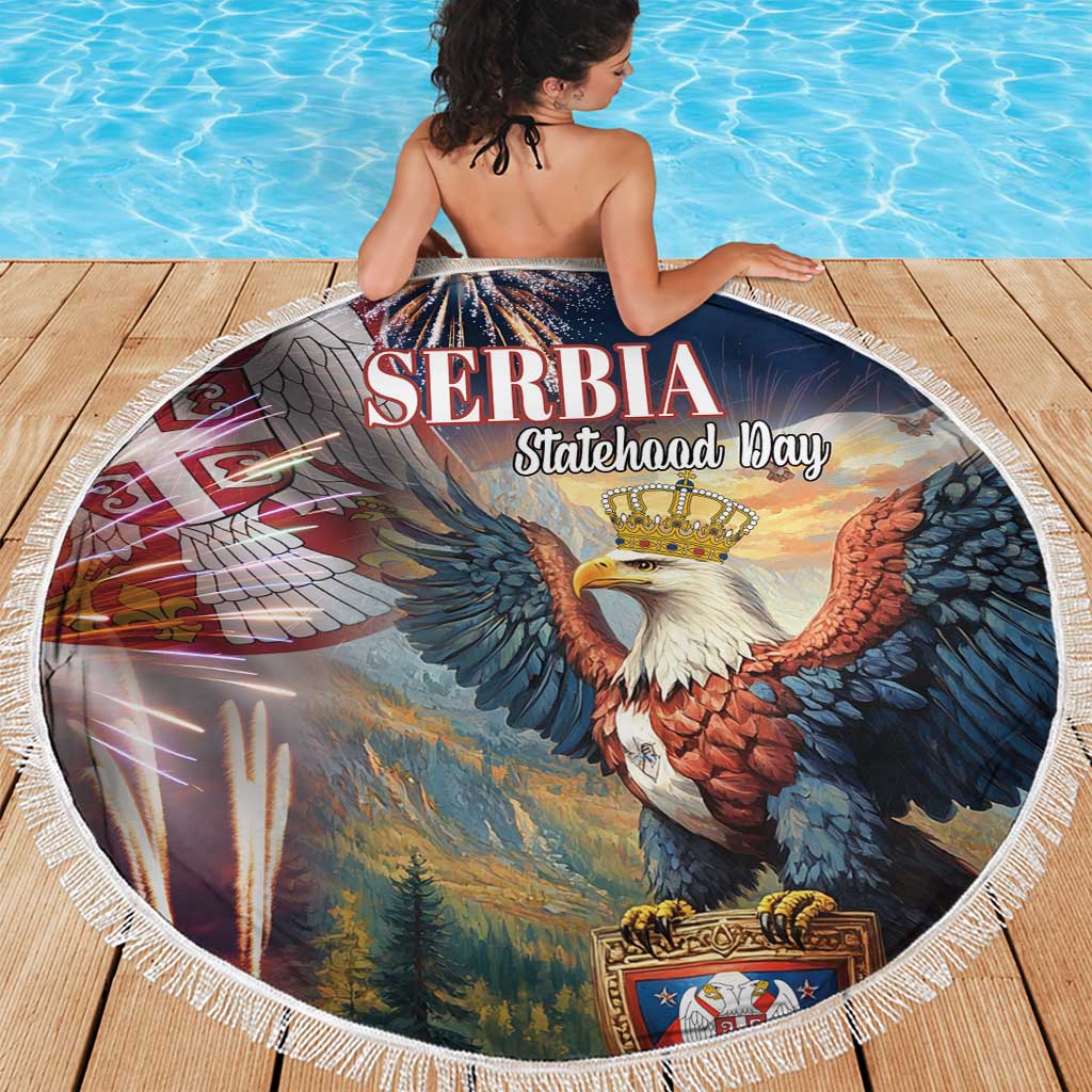 Round beach blanket with fringe on wooden deck, Serbia eagle Statehood Day graphic
