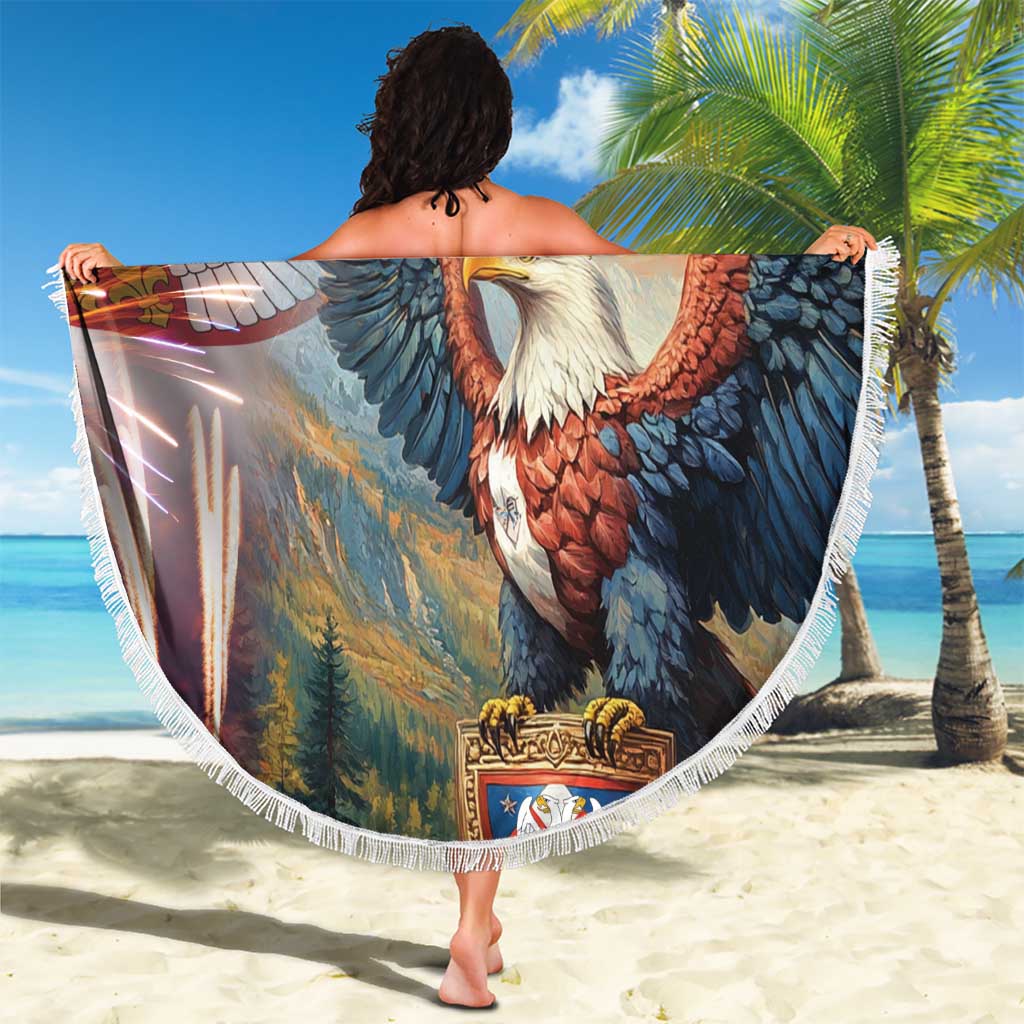 Round beach blanket with fringe on sand, Serbia eagle and crown graphic
