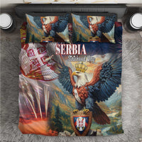 Eagle-themed bedding set with duvet and two pillows, blue Serbia crest and text