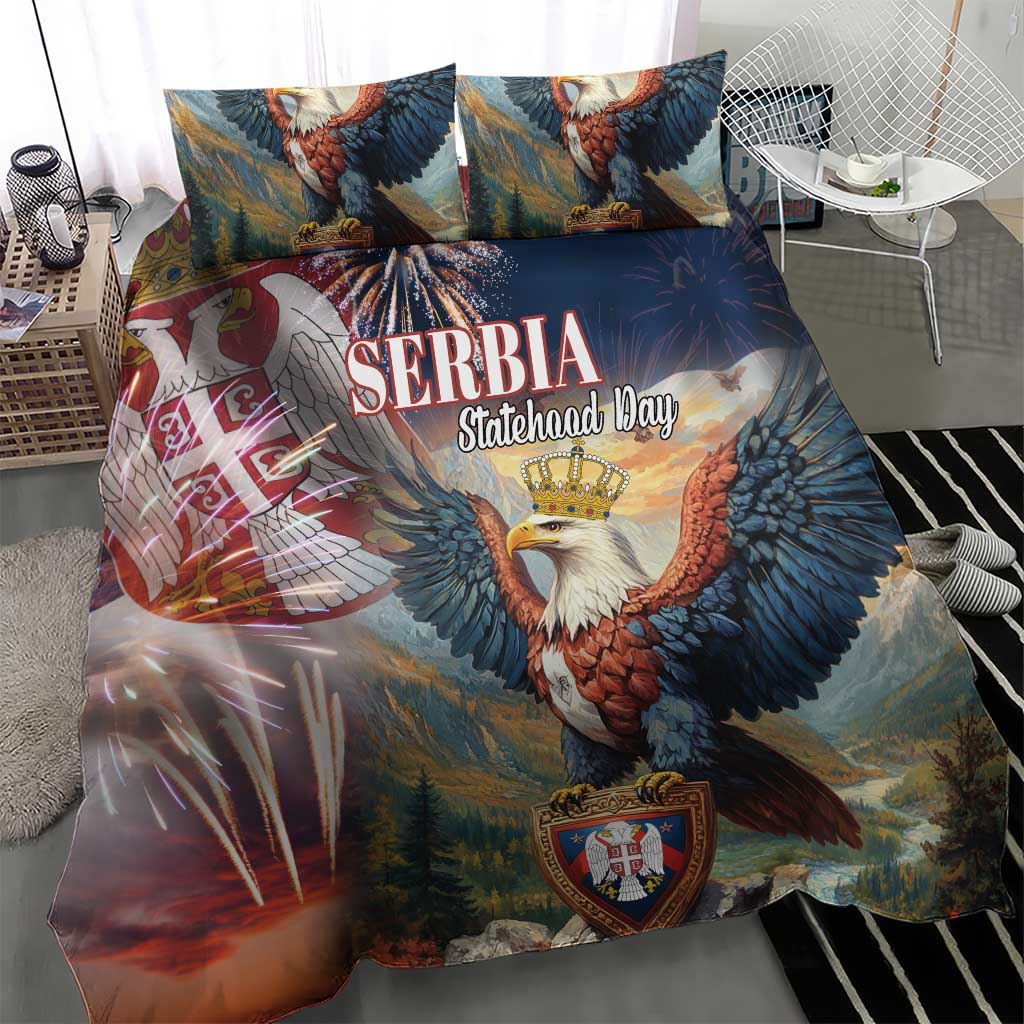 Blue eagle duvet with Serbia lettering and crest, styled with two matching pillows