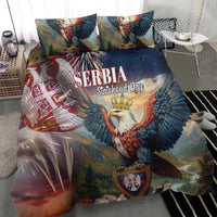 Blue eagle duvet with Serbia lettering and crest, styled with two matching pillows