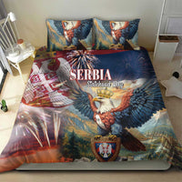 Eagle and crest bedding set: duvet with two pillows showing blue Serbia text and shield