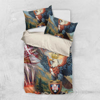 Flat-lay bedding set with duvet and two pillows; eagle, shield crest, and Serbia wording