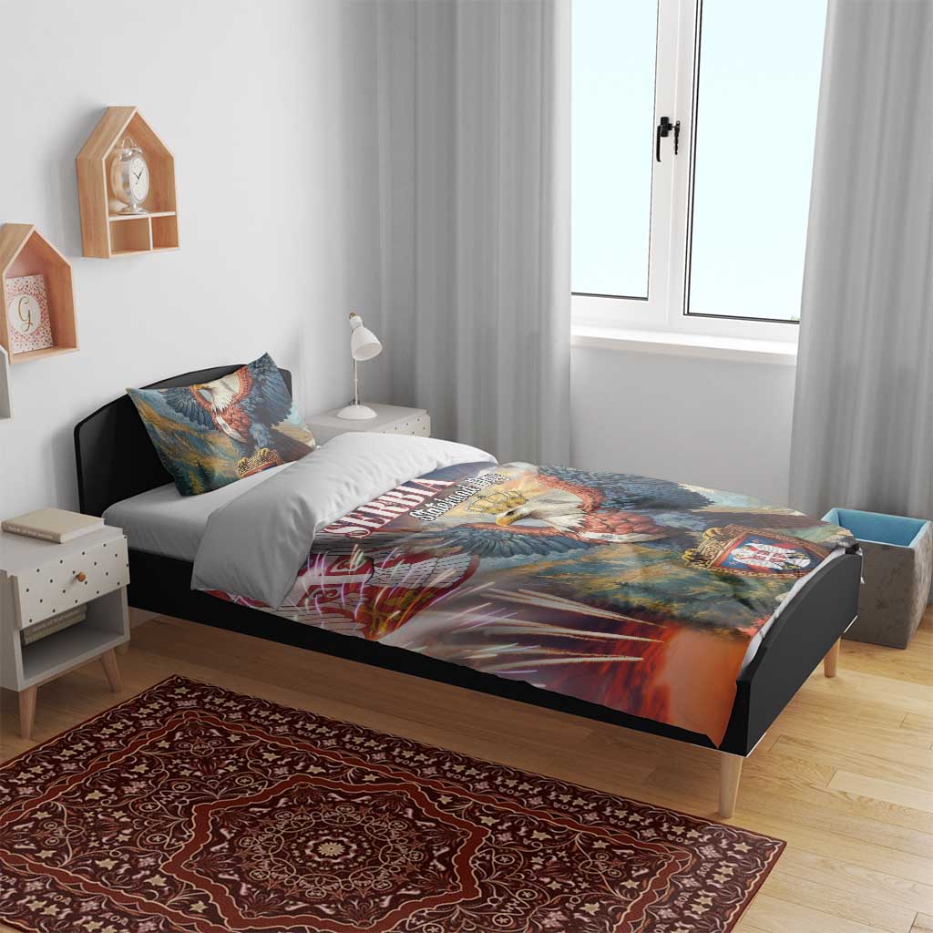 Eagle crest duvet bedding set with two pillows, featuring Serbia text and crown