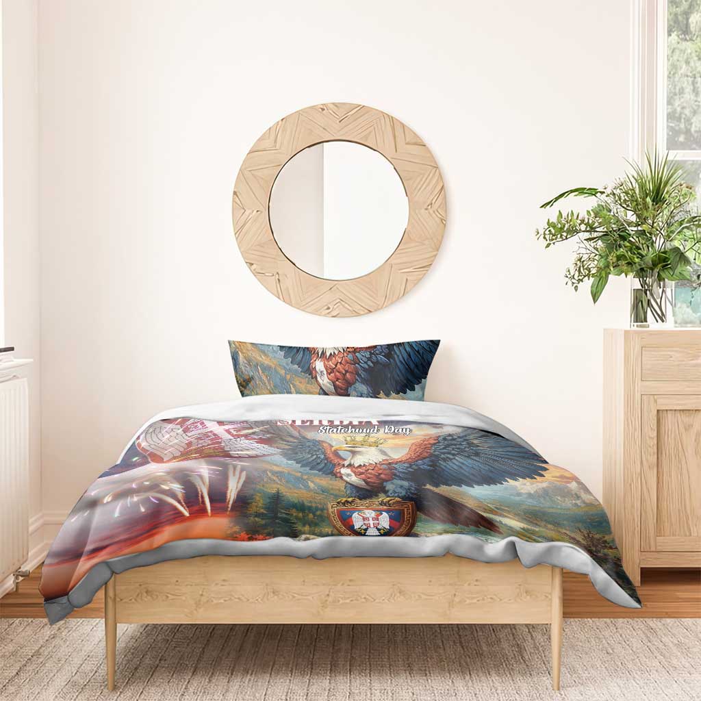 Eagle-themed duvet on wooden bed with one matching pillow featuring Serbia crest and text