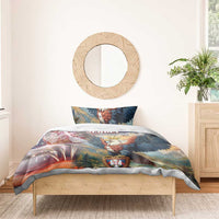 Eagle-themed duvet on wooden bed with one matching pillow featuring Serbia crest and text