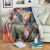Serbia statehood day blanket with eagle, crown, shield, fireworks on blue-red artwork