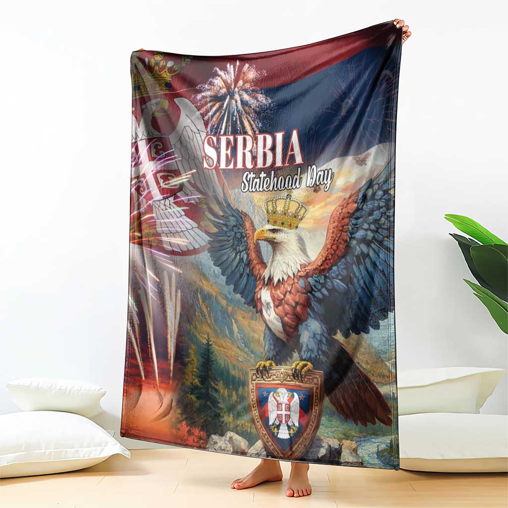 Serbia statehood day blanket draped display, eagle and crown over blue-red scene