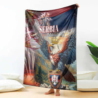 Serbia statehood day blanket draped display, eagle and crown over blue-red scene