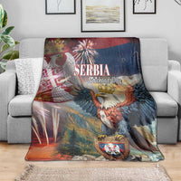 Serbia statehood day blanket with large eagle, shield emblem, and fireworks in blue-red