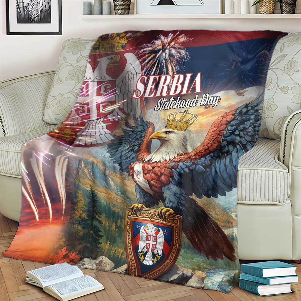 Serbia statehood day blanket with Serbia text, eagle, shield crest, blue-red gradient
