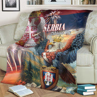 Serbia statehood day blanket with Serbia text, eagle, shield crest, blue-red gradient