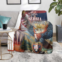 Serbia statehood day blanket featuring eagle and crown with shield crest on blue-red design