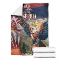 Serbia statehood day blanket folded, showing eagle, crown, shield crest, and fireworks