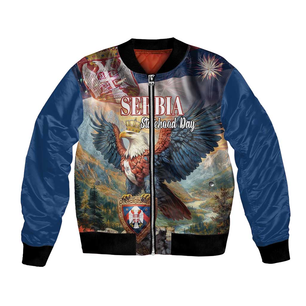 Blue unisex bomber jacket with front zipper, bold eagle graphic and fireworks patch