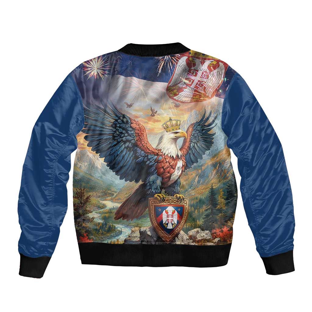 Blue bomber jacket, black ribbed hem and collar, large back eagle scene with shield