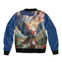 Blue bomber jacket, black ribbed hem and collar, large back eagle scene with shield