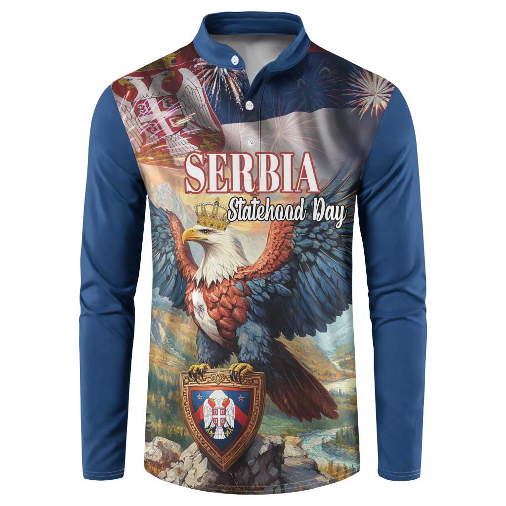 Blue long-sleeve button sweatshirt with Serbia eagle graphic and crest badge.