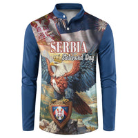 Blue long-sleeve button sweatshirt with Serbia eagle graphic and crest badge.
