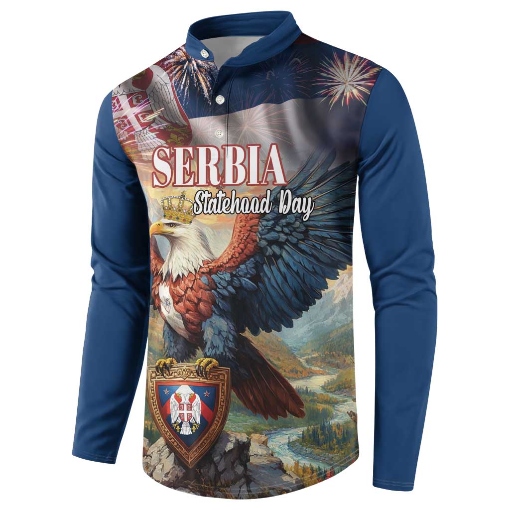 Blue long-sleeve button sweatshirt front with eagle, Serbia text, and fireworks.