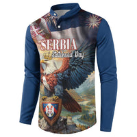 Blue long-sleeve button sweatshirt front with eagle, Serbia text, and fireworks.