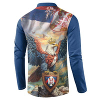 Blue long-sleeve button sweatshirt back with large eagle graphic and shield crest.