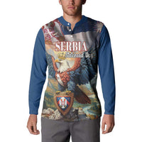 Blue long-sleeve button sweatshirt on model, front graphic eagle, Serbia, crest.