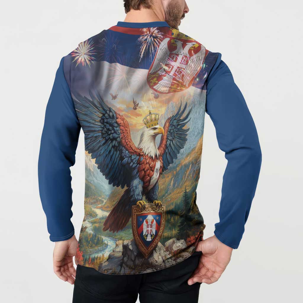 Blue long-sleeve button sweatshirt on model, back eagle graphic with shield crest.
