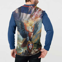 Blue long-sleeve button sweatshirt on model, back eagle graphic with shield crest.