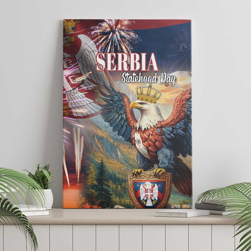 Serbia eagle Statehood Day canvas print artwork leaning on shelf, front view.