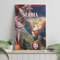 Serbia eagle Statehood Day canvas print artwork leaning on shelf, front view.