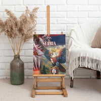 Serbia Statehood Day canvas wall art displayed on wooden easel with eagle and shield.