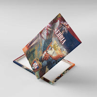 Serbia Statehood Day canvas wall art shown at a diagonal angle, eagle and crown.