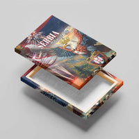 Serbia Statehood Day canvas wall art on angled base, eagle graphic and forest scene.