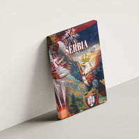 Serbia Statehood Day canvas wall art mounted against wall, eagle and shield emblem.