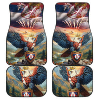 Blue car floor mat set of four with eagle and fireworks scene, featuring shield crest